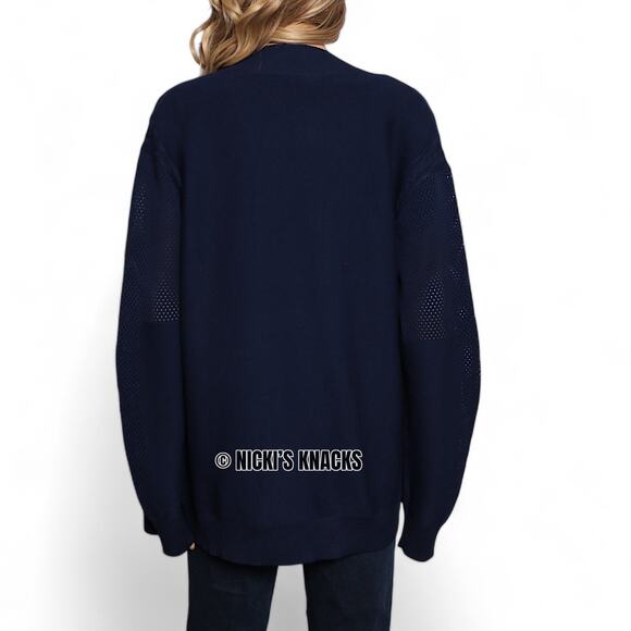 Faith & Zoe Navy Blue Open Front Mesh Panel Knit Cardigan Sweater Size L - Picture 6 of 11